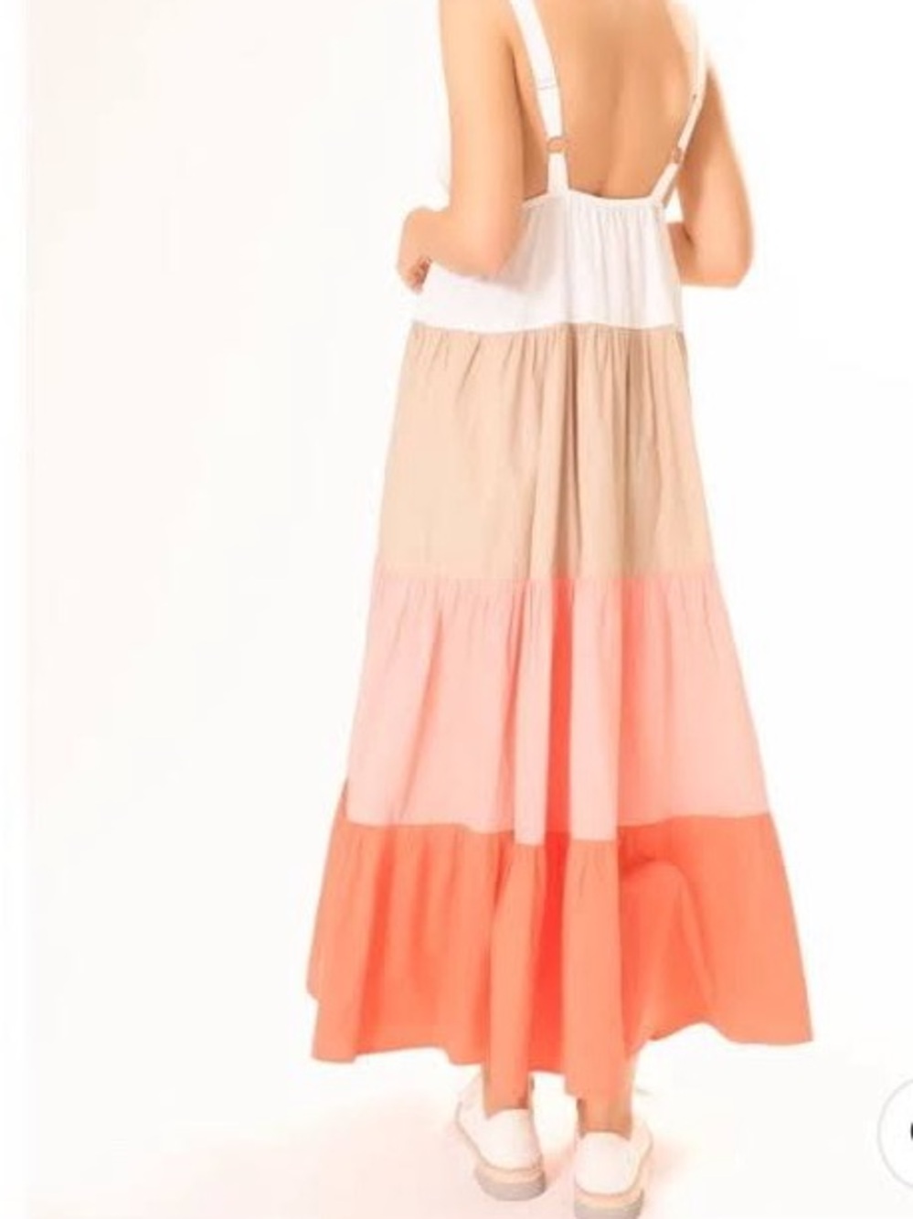 Area Stars Colorblock Tiered Maxi Dress in White, Tan, Pink and Coral